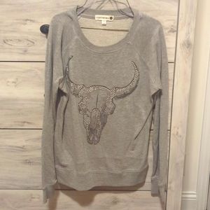 Crew neck grey sweater with glitter skeleton bull